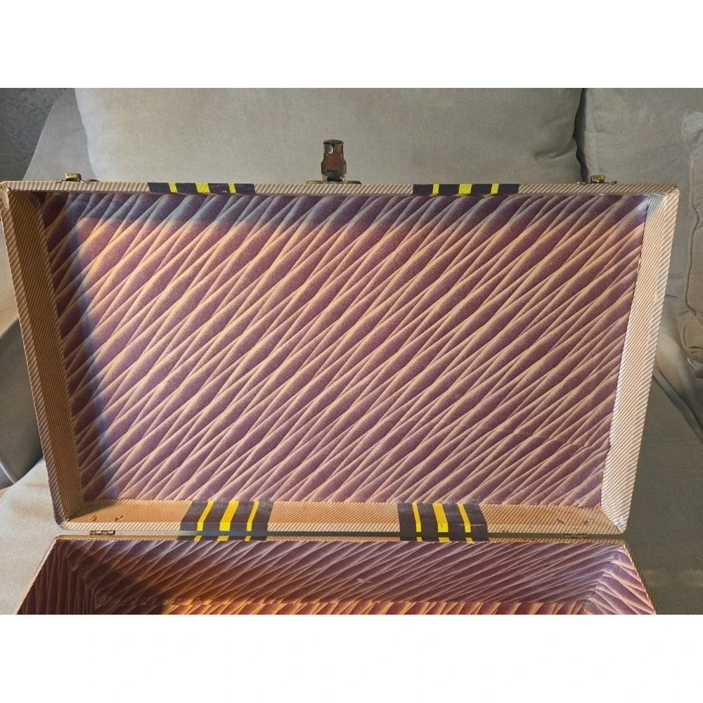 Vintage 1940s Tweed Suitcase Hardcase Luggage Brown & Yellow Stripes Prop Decor